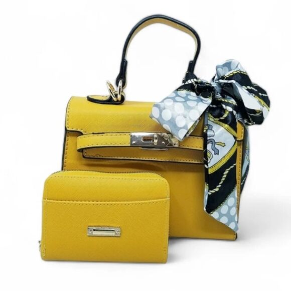 Yellow Scarf Top Handle Mini Satchel  wallet set - Picture 1 of 11